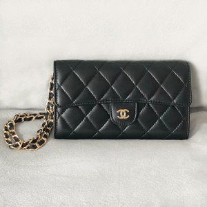 Chanel Black Calf Leather Classic Flap Wallet Bag on Chain, Gold Hardware